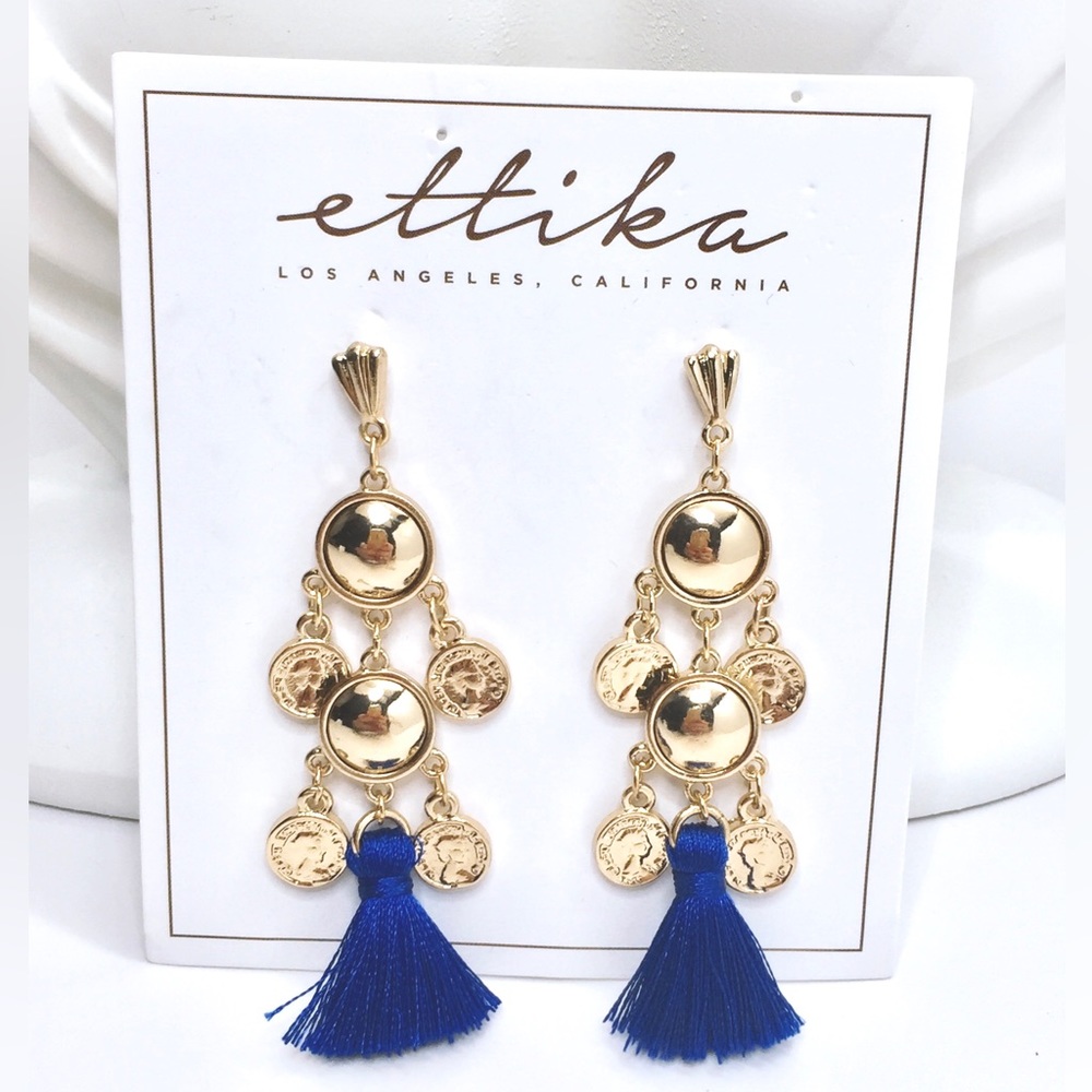 Ettika Gold Chandelier Electric Blue Coin And Tassel Earrings In Ribbon Tied Box